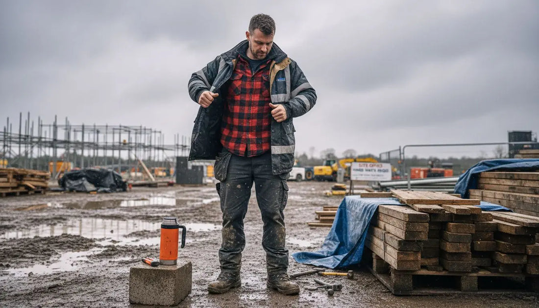 Worker layering clothes on muddy UK site