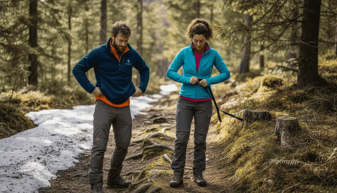 Hikers adjusting layers on mountain trail