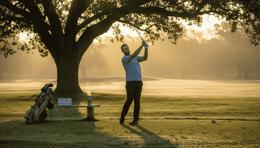 Golfer teeing off at sunrise