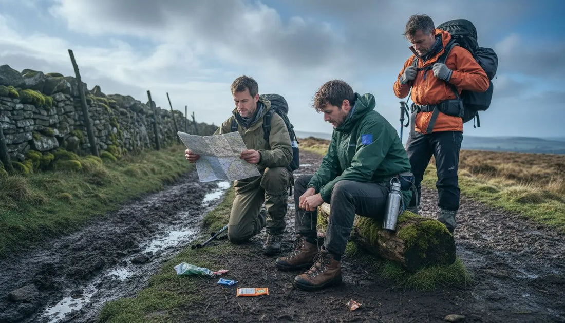 Hikers preparing for UK trail with accessories