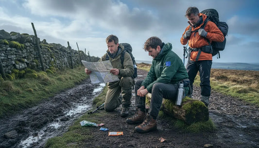Hikers preparing for UK trail with accessories