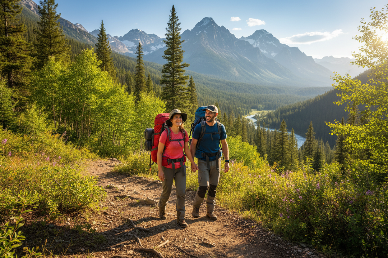 A couple outside walking in a forest.