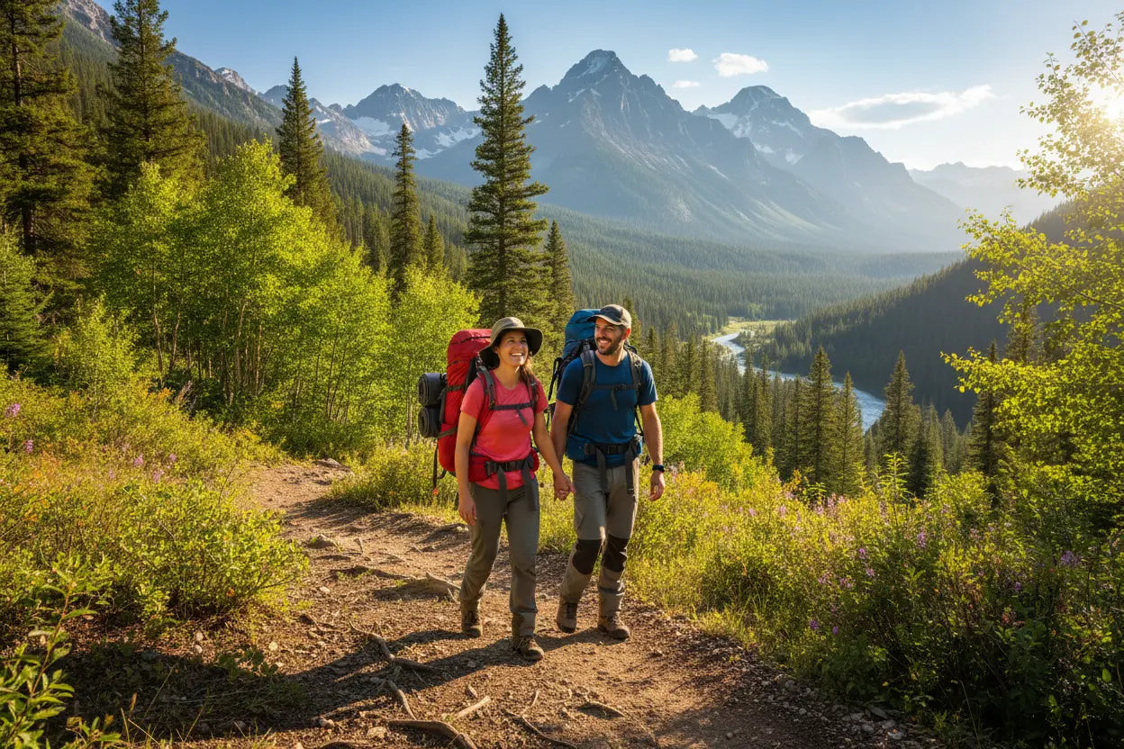 A couple outside walking in a forest.