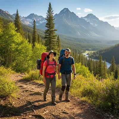 A couple outside walking in a forest.
