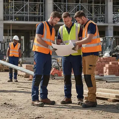 People working on a building site with safety boots and workwear.