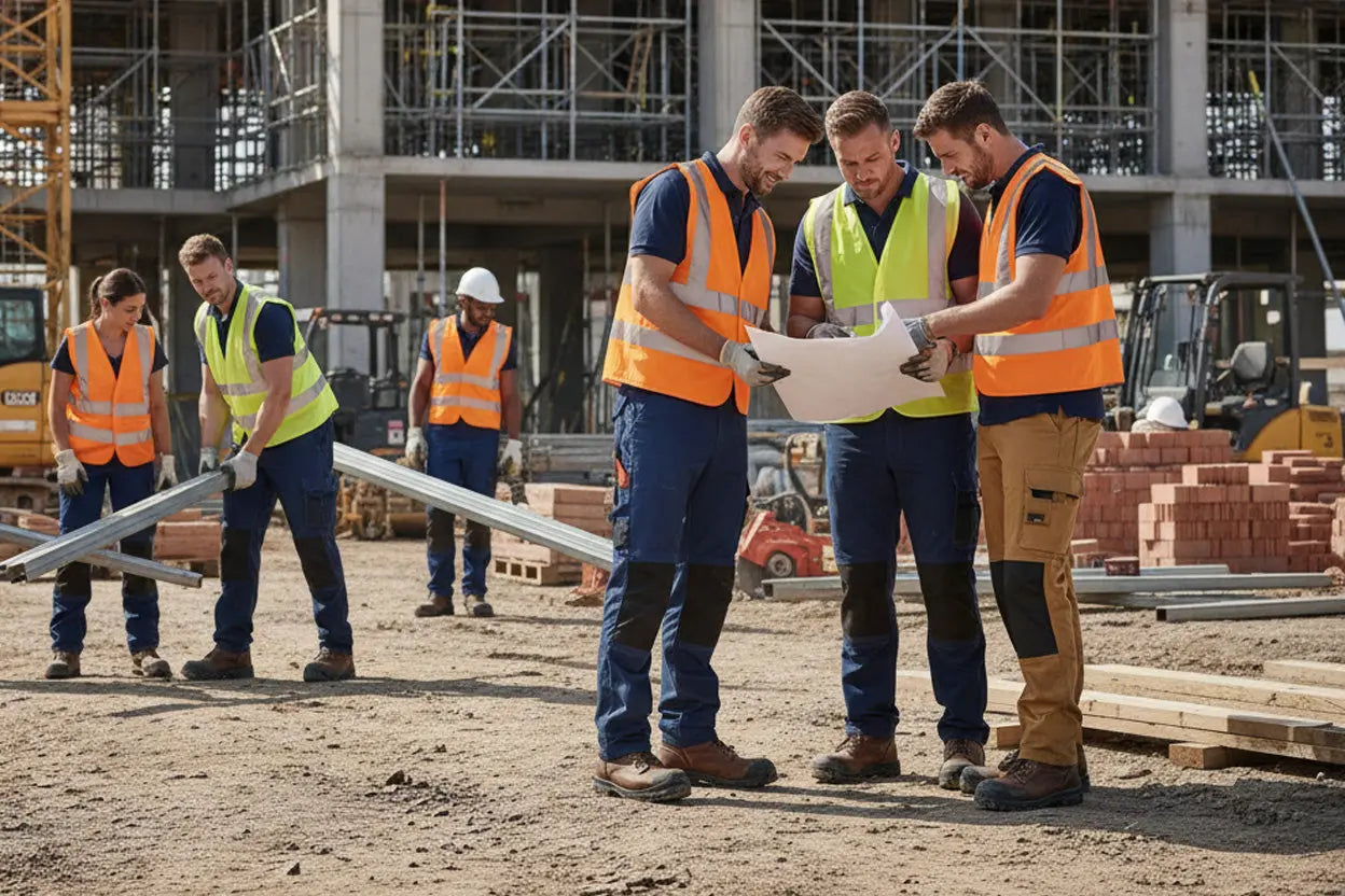 People working on a building site with safety boots and workwear.