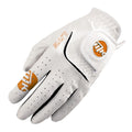 A white golf glove is displayed with fingers slightly spread showcasing its padded and perforated design along with an adjustable strap on the wrist and an orange logo on the palm.