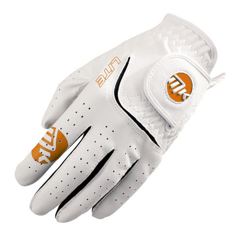 A white golf glove is displayed with fingers slightly spread showcasing its padded and perforated design along with an adjustable strap on the wrist and an orange logo on the palm.
