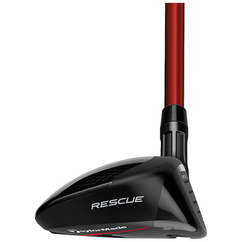A black golf club head with a prominent logo and the word RESCUE is positioned upright against a plain background while showcasing a red shaft that connects to the grip