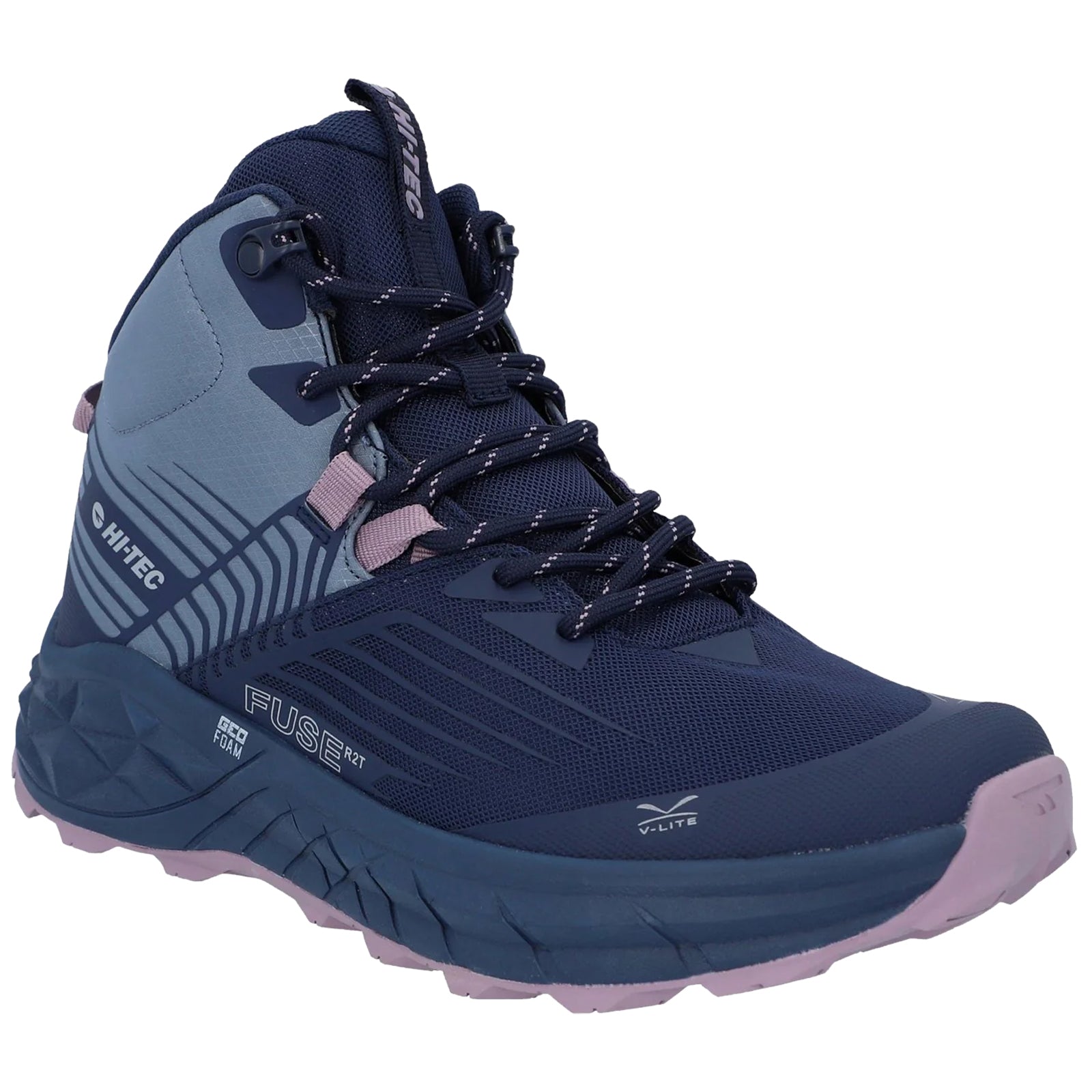 A navy hiking boot features a high ankle design with mesh materials and multi-colored laces while displaying branding details in contrasting colors suitable for outdoor activities.