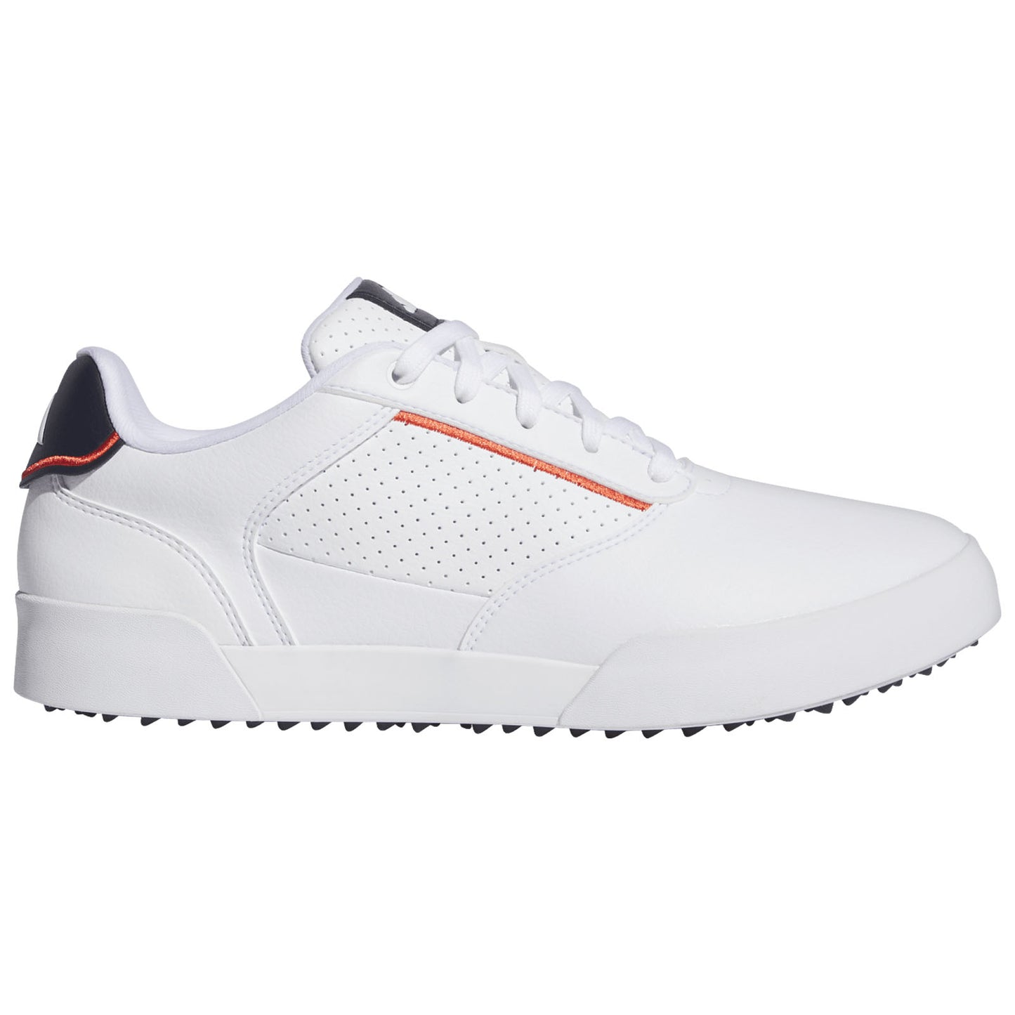 A white athletic shoe features a smooth leather exterior with perforations and an orange accent stripe. It is designed for sports or casual use on various surfaces.