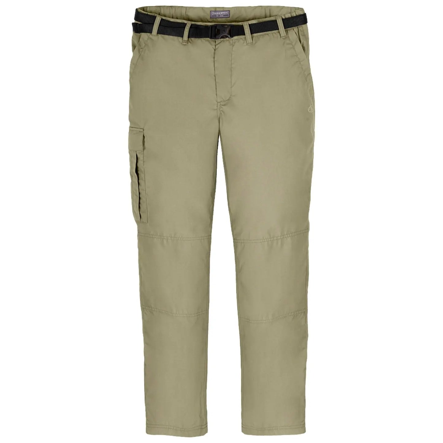 Light khaki pants hang vertically showcasing a straight design with a belt at the waist and a side pocket on the left side suitable for outdoor activities and casual wear