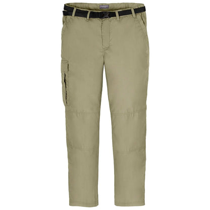 Light khaki pants hang vertically showcasing a straight design with a belt at the waist and a side pocket on the left side suitable for outdoor activities and casual wear