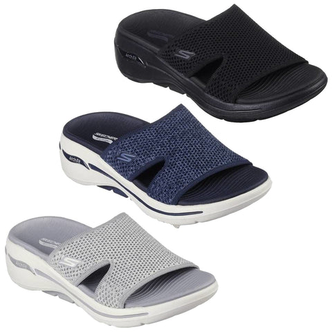 Three pairs of slide sandals are displayed in black, navy blue, and gray colors with mesh details and white soles showcasing a comfortable design suitable for casual wear.