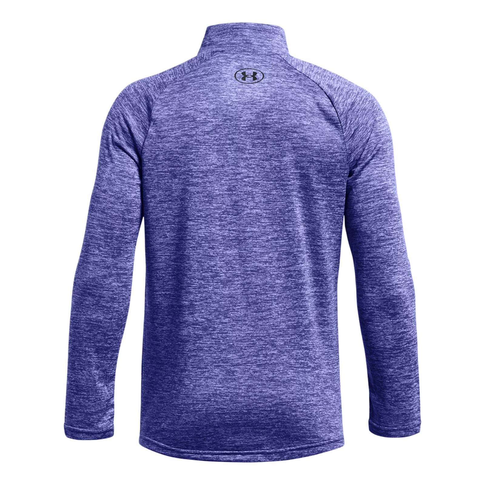 A long-sleeved purple athletic shirt is displayed facing backward showcasing its fabric texture and collar design in a neutral background setting without any additional elements.