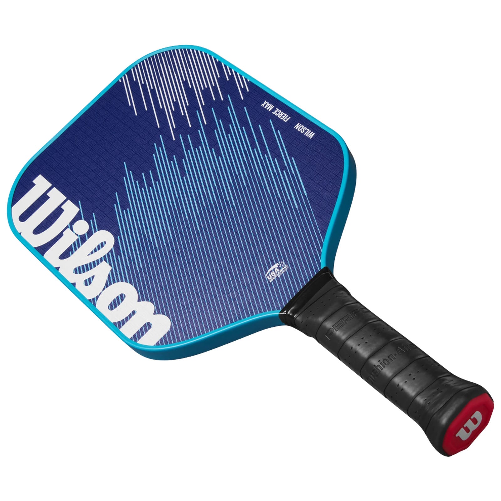 A pickleball paddle with a square head features a blue and white design with the brand name Wilson prominently displayed along one side. The handle is black and textured for grip.