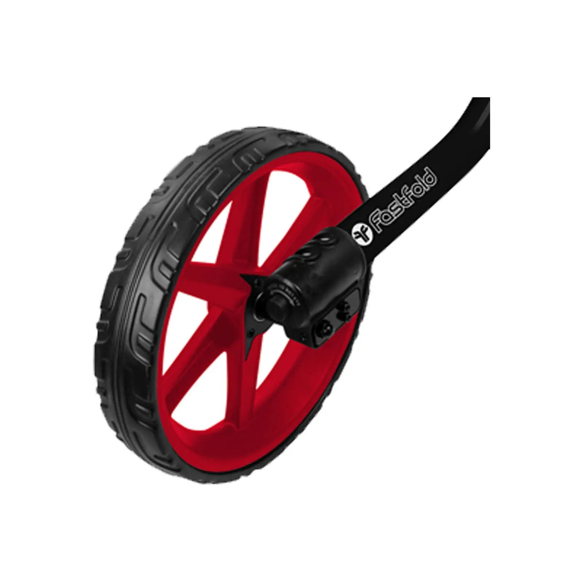 A black and red wheel with a five-spoke design is mounted on an axle showing a smooth surface and tread indicating traction suitable for movement and handling in various environments.