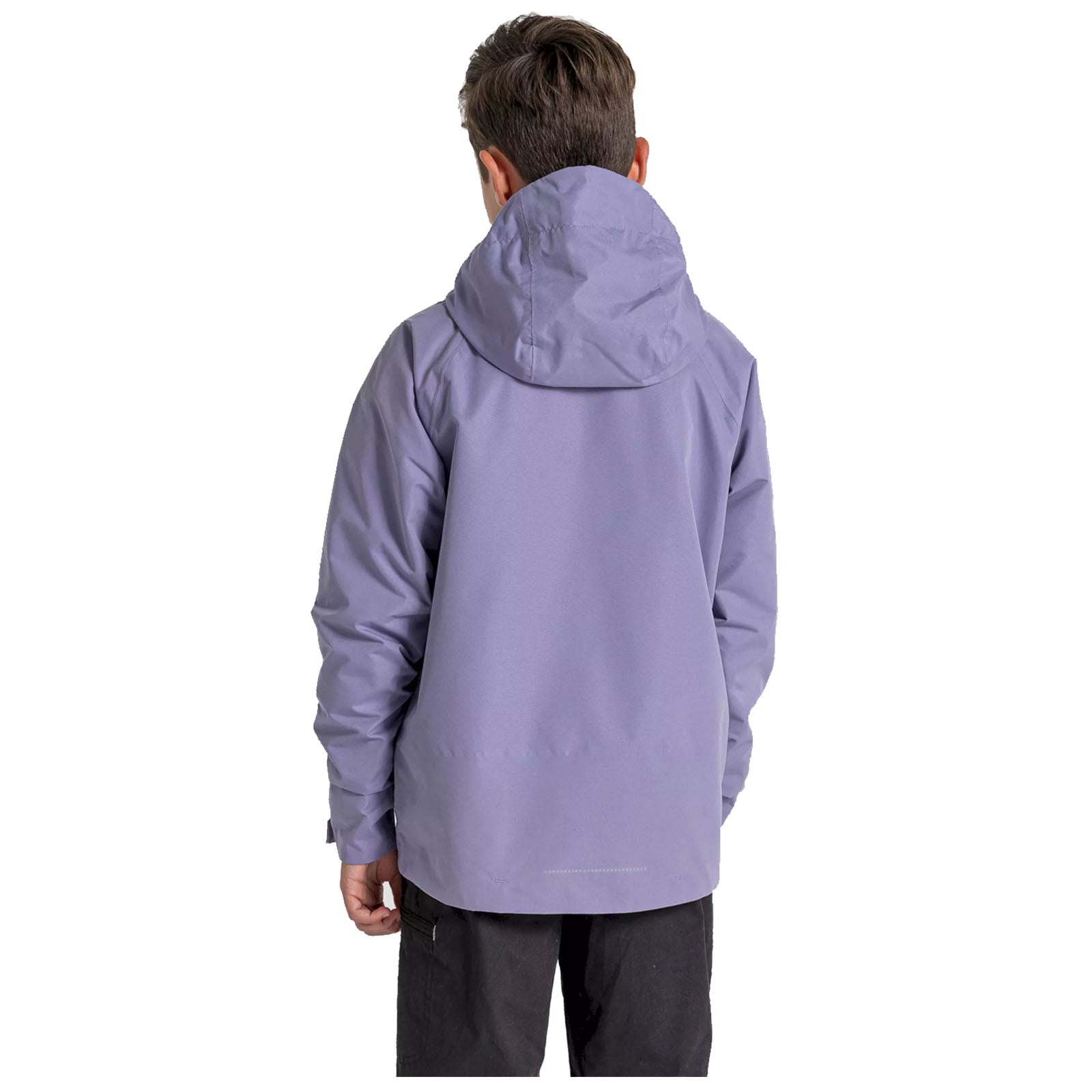 A person is wearing a light purple jacket with a hood facing away from the viewer standing against a plain white background. The jacket appears to be casual and weather-resistant.