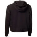 A black hoodie is displayed with a view of its back showing a hood and long sleeves in a neutral setting without any distracting elements or people.