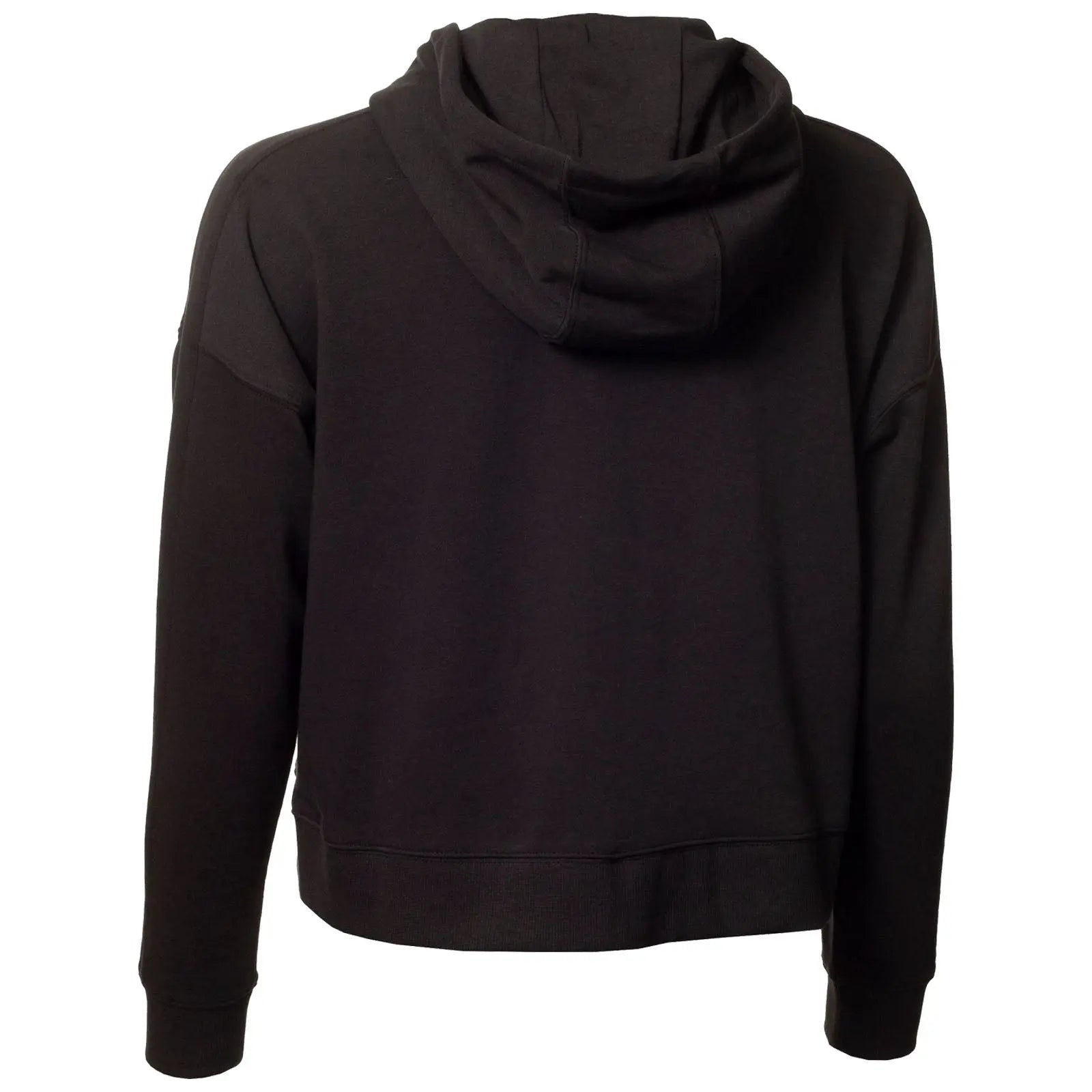 A black hoodie is displayed with a view of its back showing a hood and long sleeves in a neutral setting without any distracting elements or people.