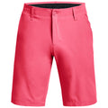 Bright pink shorts are displayed front-facing featuring a button and zipper closure with a smooth fabric texture this garment is suitable for warm weather activities or casual wear.