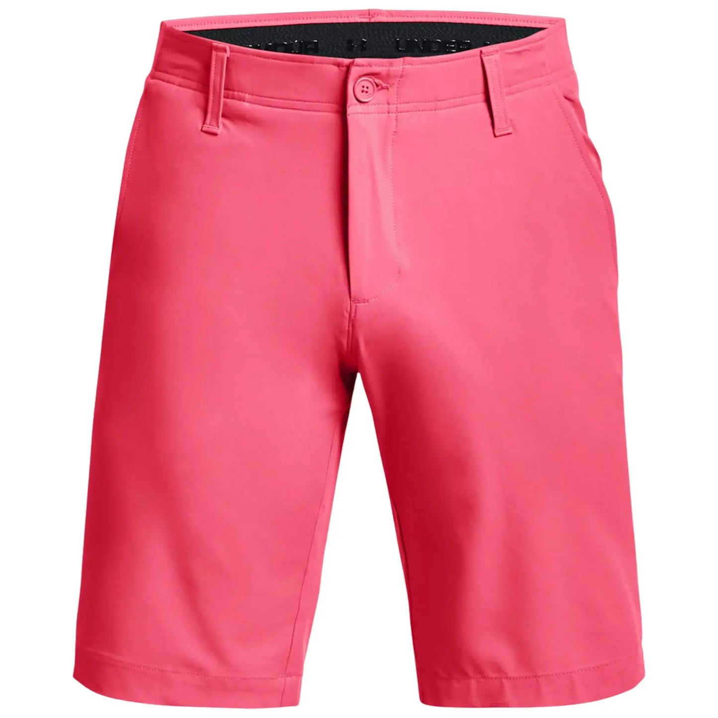 Bright pink shorts are displayed front-facing featuring a button and zipper closure with a smooth fabric texture this garment is suitable for warm weather activities or casual wear.