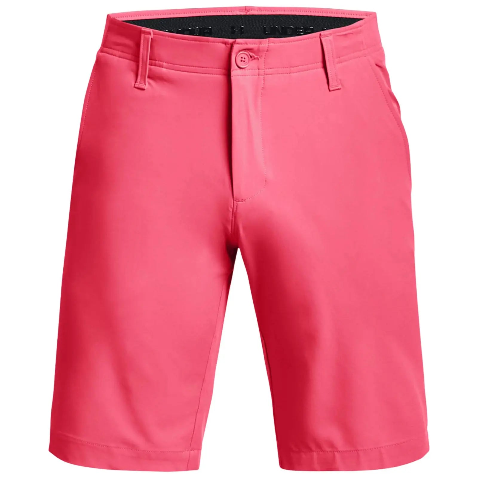 Bright pink shorts are displayed front-facing featuring a button and zipper closure with a smooth fabric texture this garment is suitable for warm weather activities or casual wear.