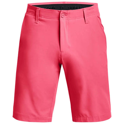 Bright pink shorts are displayed front-facing featuring a button and zipper closure with a smooth fabric texture this garment is suitable for warm weather activities or casual wear.