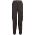 A pair of black cargo pants is displayed standing upright showcasing multiple side pockets and an elastic waistband designed for comfort in casual or outdoor settings.