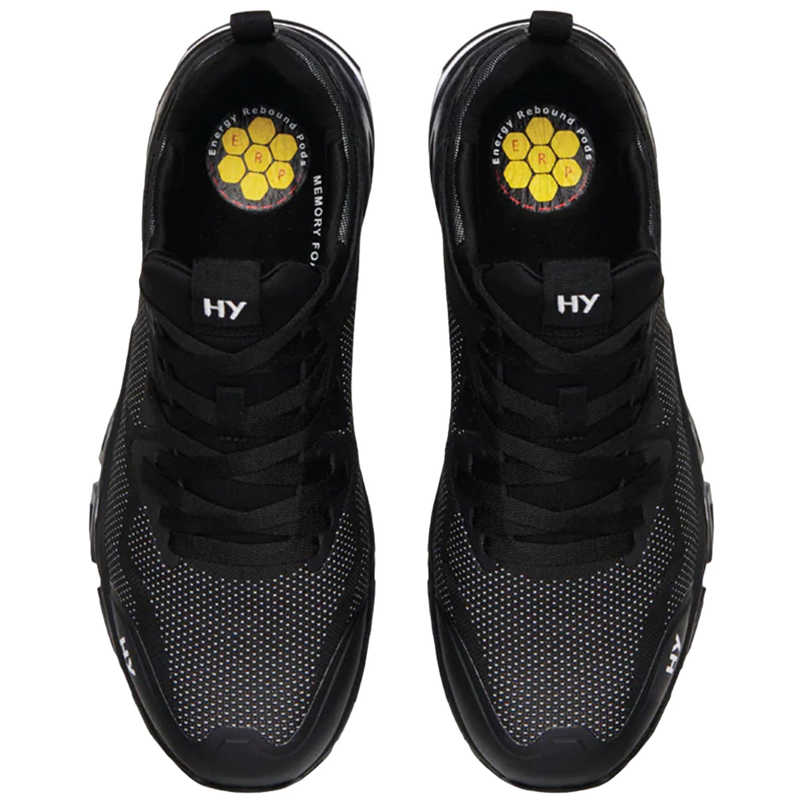 Black athletic shoes are positioned in an overhead view with visible laces and a padded interior featuring a colorful logo highlighting "Energy Rebound Pods" and "Memory Foam" in the sole.