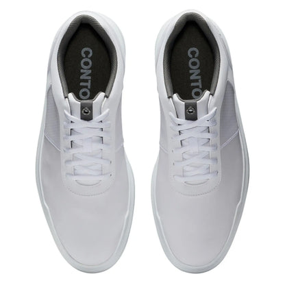 Two white sneakers are positioned symmetrically with laces tied and grey insoles visible. They are set against a plain background emphasizing their sleek design and minimalist appearance.