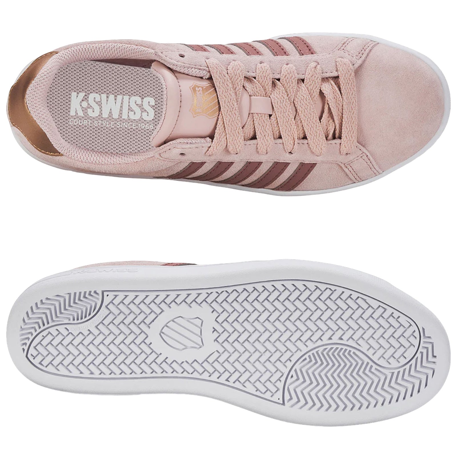 A pair of pink K-Swiss sneakers is displayed with a suede and mesh upper showcasing three brown stripes They sit against a white background highlighting their smooth rubber sole.