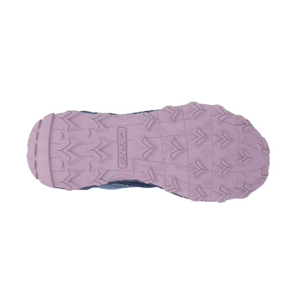 A shoe sole is viewed from the bottom highlighting its textured surface designed for traction with various directional tread patterns and a purple color.