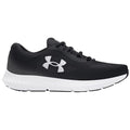 A black athletic shoe is displayed with a white sole featuring a logo on the side and laces on the upper part, designed for running or fitness activities.