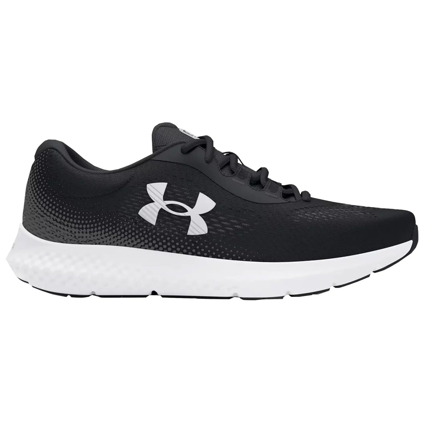 A black athletic shoe is displayed with a white sole featuring a logo on the side and laces on the upper part, designed for running or fitness activities.