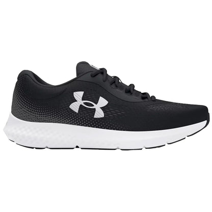 A black athletic shoe is displayed with a white sole featuring a logo on the side and laces on the upper part, designed for running or fitness activities.
