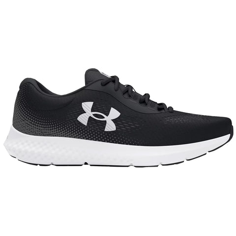 A black athletic shoe is displayed with a white sole featuring a logo on the side and laces on the upper part, designed for running or fitness activities.