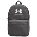 A gray backpack sits upright with a prominent Under Armour logo on the front. It features a main compartment and a smaller front pocket, suitable for carrying personal items.