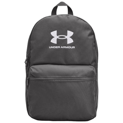 A gray backpack sits upright with a prominent Under Armour logo on the front. It features a main compartment and a smaller front pocket, suitable for carrying personal items.