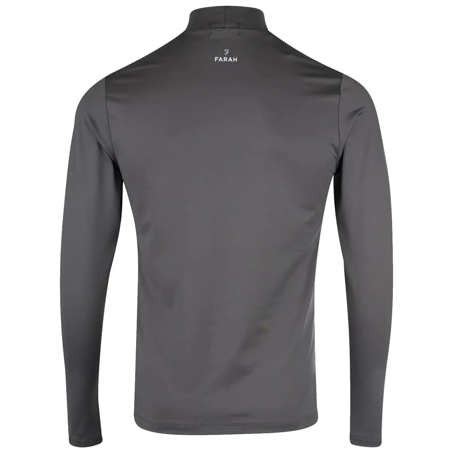 A long-sleeved gray turtleneck shirt hangs flat against a neutral background showcasing its smooth fabric and fitted design intended for casual or athletic wear.