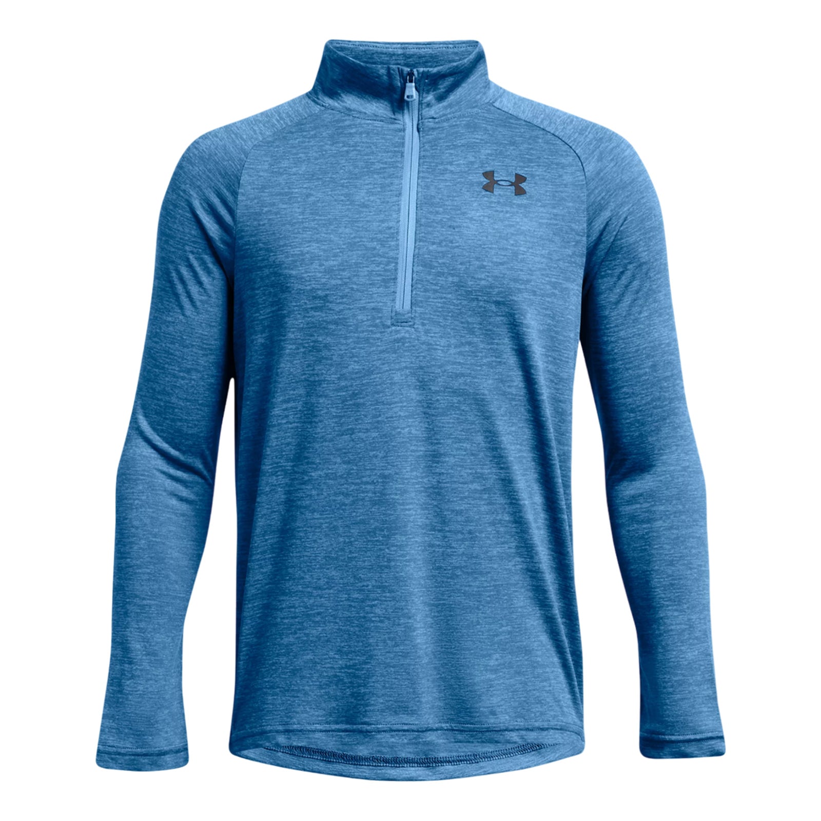 A blue quarter-zip long-sleeve shirt hangs upright showcasing its soft texture and athletic style designed for comfort during physical activities with the Under Armour logo displayed prominently.