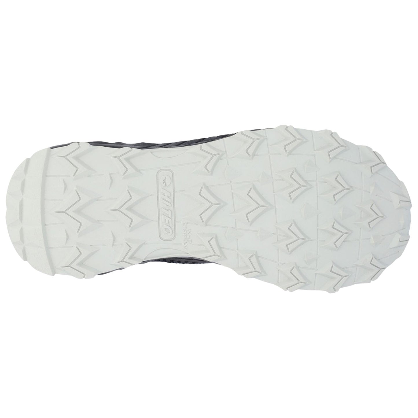 A shoe sole is displayed with a textured white rubber surface featuring deep grooves and ridges for traction designed for outdoor activities against a plain background.