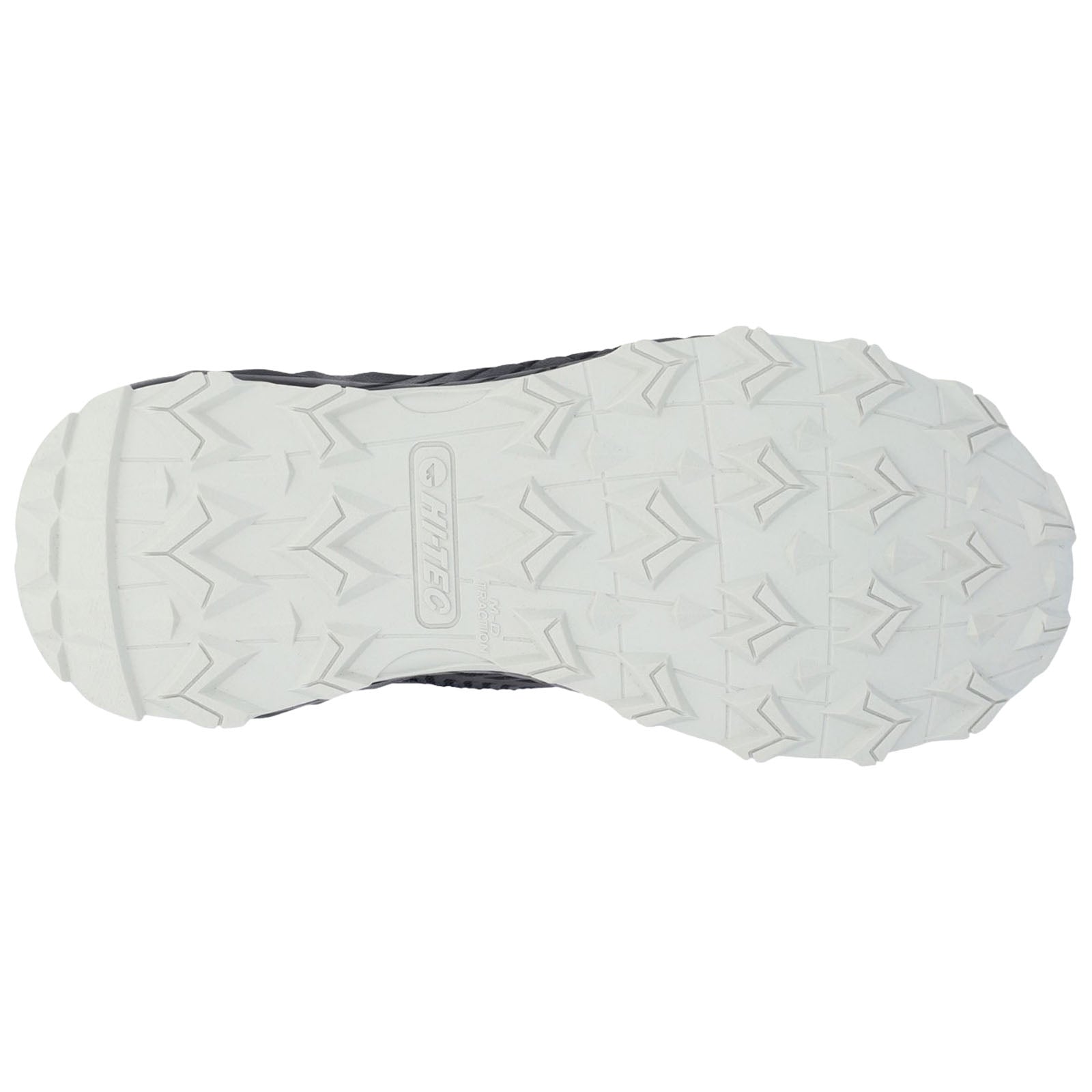 A shoe sole is displayed with a textured white rubber surface featuring deep grooves and ridges for traction designed for outdoor activities against a plain background.
