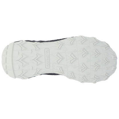 A shoe sole is displayed with a textured white rubber surface featuring deep grooves and ridges for traction designed for outdoor activities against a plain background.