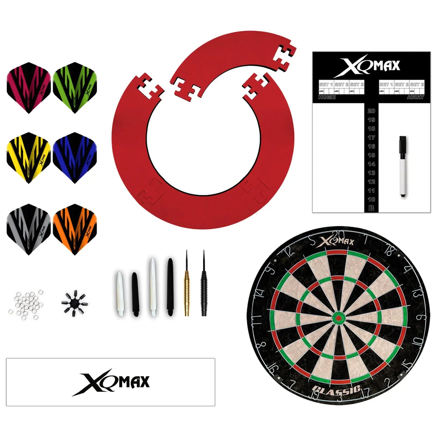 A dartboard set includes a circular dartboard with scoring numbers a red protective ring several colored dart flights and accessories such as dart points and a white marker in a gaming context.