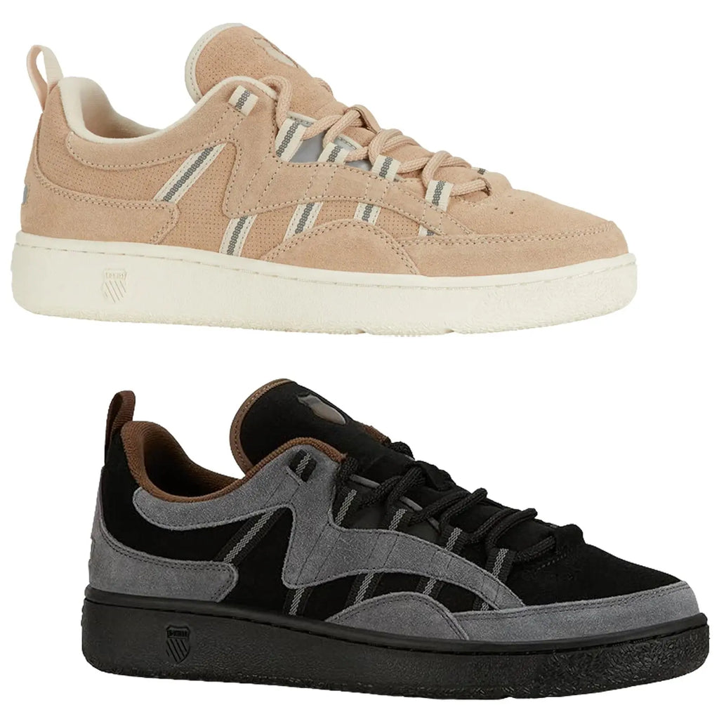 Two pairs of sneakers are displayed together. The top pair is light beige with striped detailing while the bottom pair is black and gray with brown accents. Both feature lace closures.