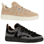 Two pairs of sneakers are displayed together. The top pair is light beige with striped detailing while the bottom pair is black and gray with brown accents. Both feature lace closures.