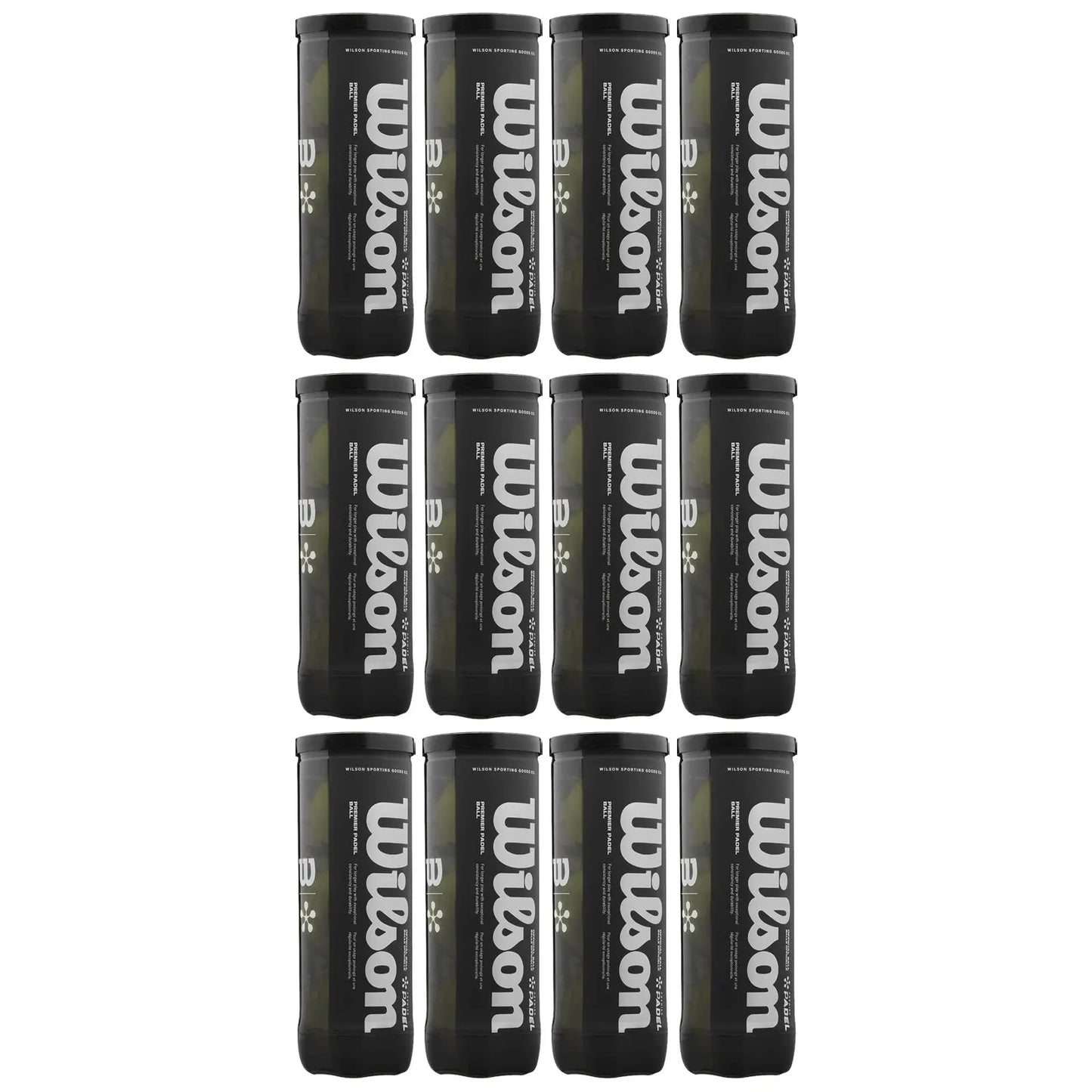 Black cylindrical containers labeled Wilson are arranged in a 3 by 4 grid displaying a white logo with text on a dark background illuminated against a light surface.