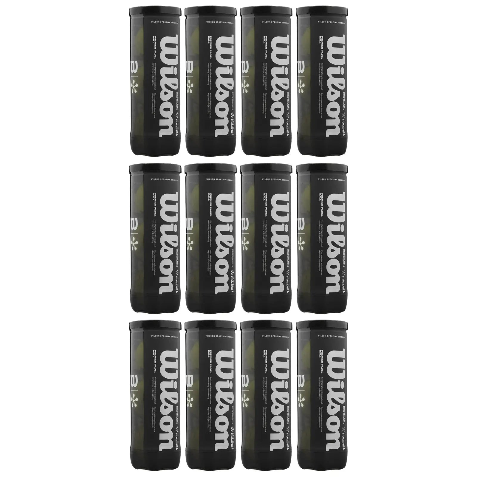 Black cylindrical containers labeled Wilson are arranged in a 3 by 4 grid displaying a white logo with text on a dark background illuminated against a light surface.
