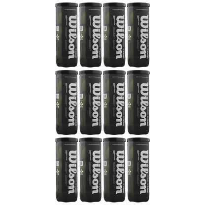 Black cylindrical containers labeled Wilson are arranged in a 3 by 4 grid displaying a white logo with text on a dark background illuminated against a light surface.